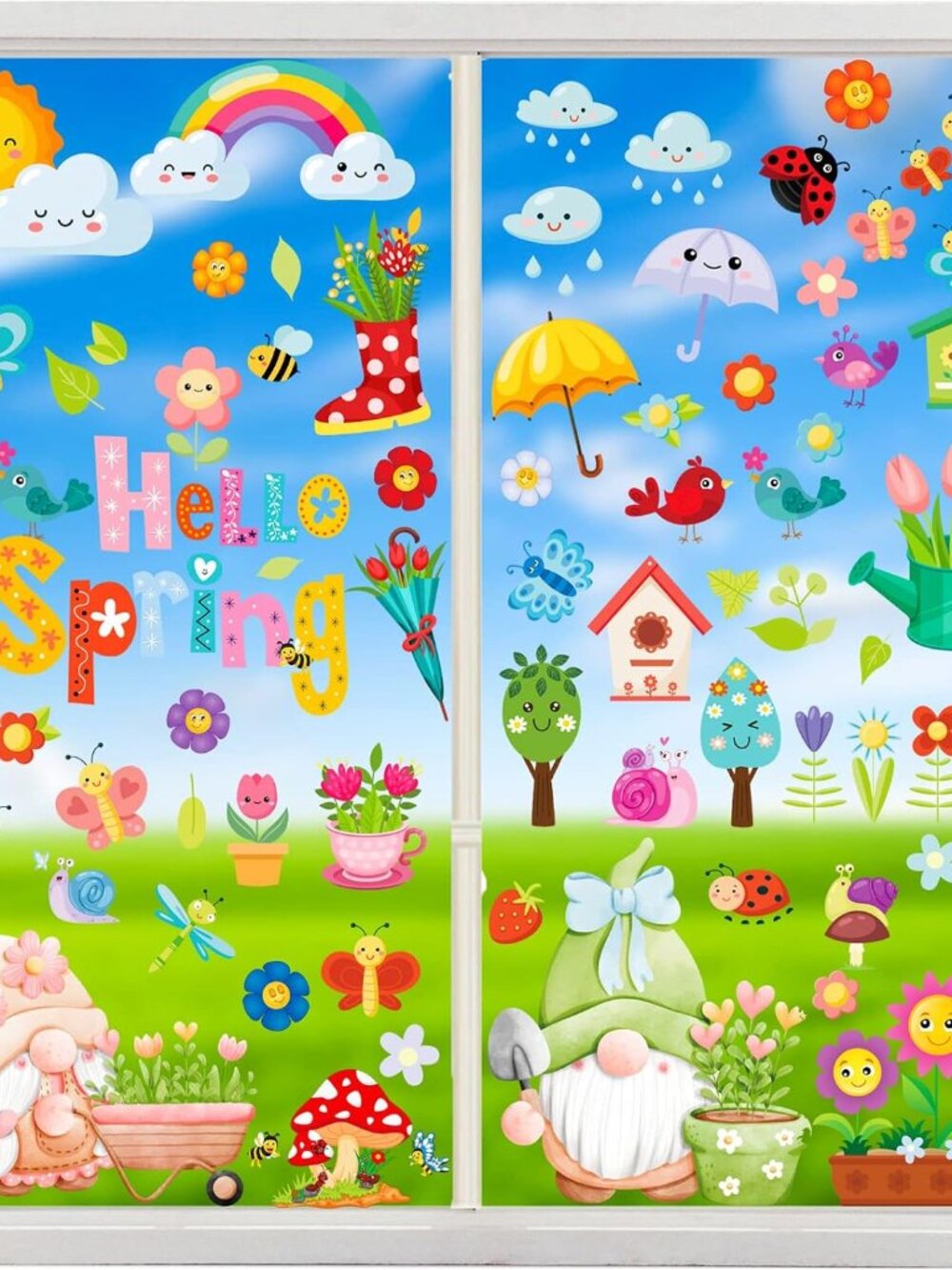Spring Window Clings Hello-Spring Stickers - 115pcs Flowers Butterfly Bees Birds